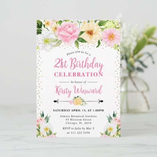 Geel en Roze Zomer Bloemen Foto 21e verjaardag Kaart (Staand voorkant)