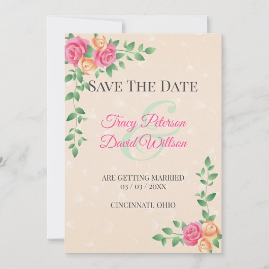 Geel en roze zwavel save the date (Voorkant)