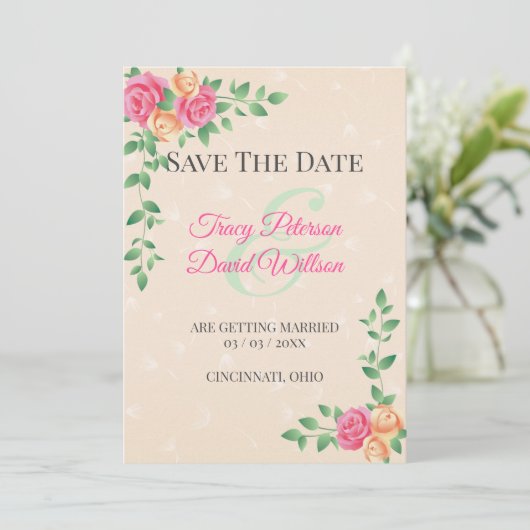 Geel en roze zwavel save the date (Staand voorkant)