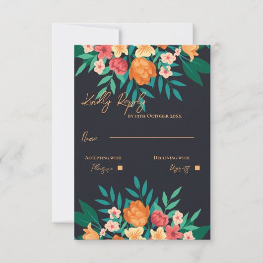 Geel en Sinaasappel Bloemen Waterverf Script Trouw RSVP Kaartje (Voorkant)