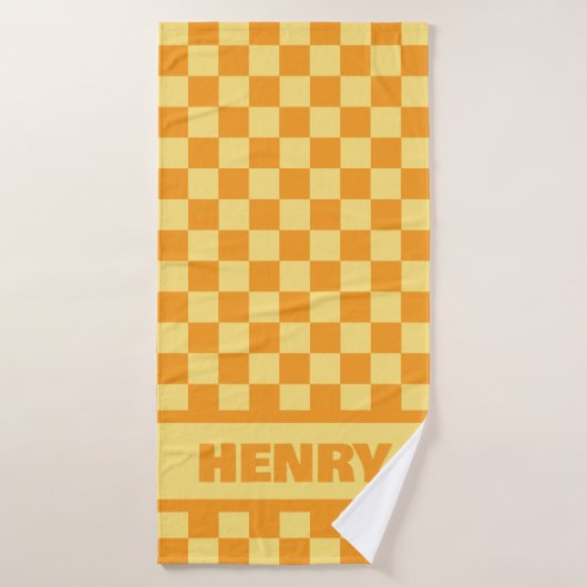Geel en Sinaasappel Checkerboard Custom Name Handd Badhanddoek (Badhanddoek)