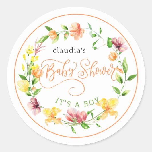 Geel en sinaasappel waterverf Bloemenjongen Babysh Ronde Sticker (Voorkant)