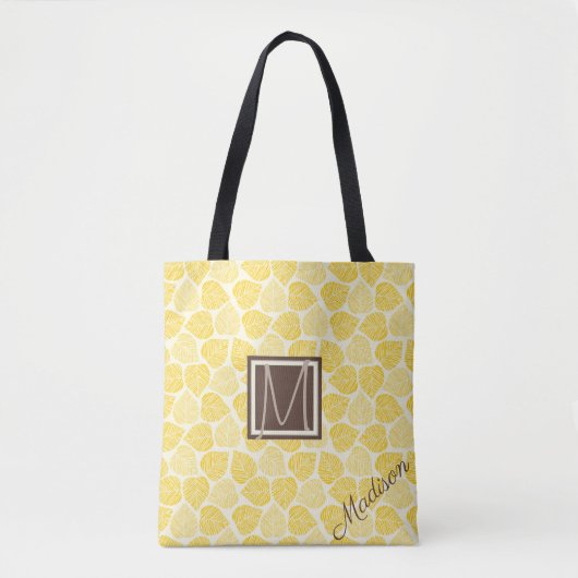 Geel en Taupe Leaf Natural Trendy Monogram Tote Bag (Voorkant)