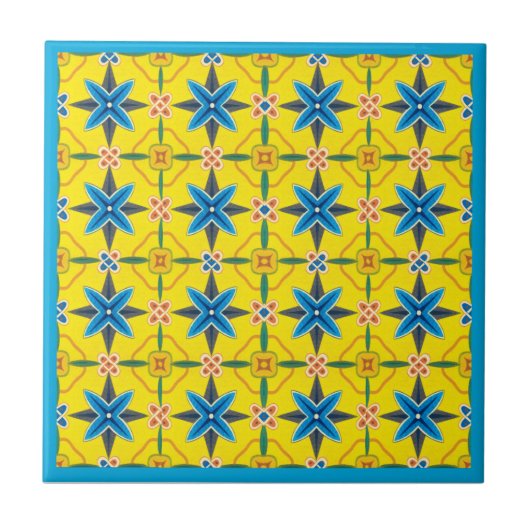 Geel en Turquoise Floral Design Ceramic Tile Tegeltje (Voorkant)
