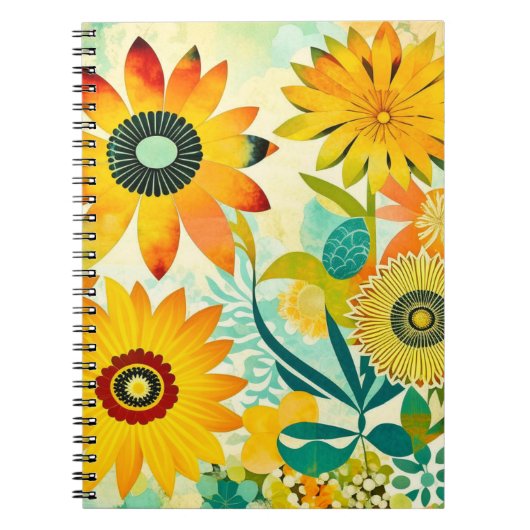  Geel en Turquoise Folk Art Flowers Notitieboek (Voorkant)