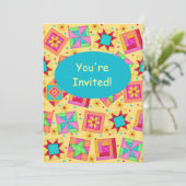 Geel en Turquoise Patchwork Quilt Block Art Kaart (Staand voorkant)