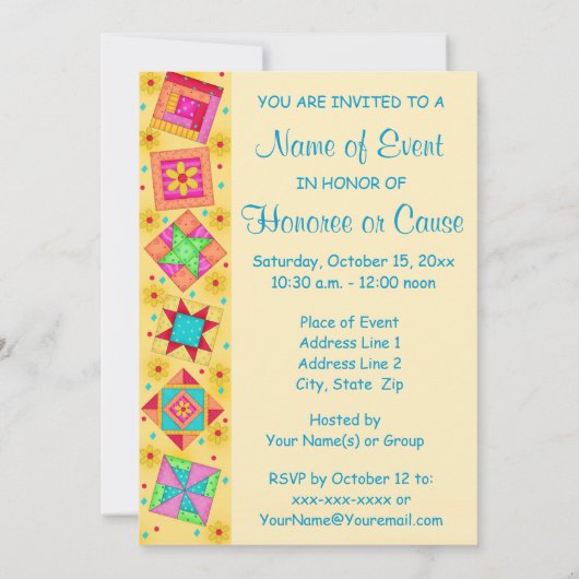 Geel en Turquoise Patchwork Quilt Block Art Kaart (Achterkant)