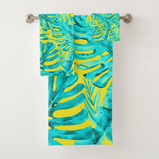 Geel en Turquoise Tropical Palm Leaves Island Bad Handdoek (Insitu)