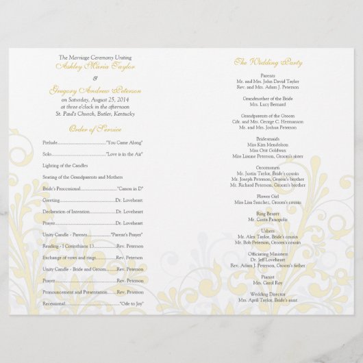 Geel en wit Abstract Floral Wedding Programme (Achterkant)