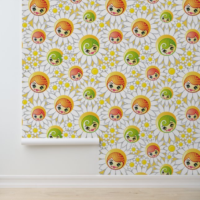  Geel en Wit Bloemen Daisy Doll Gezicht Behang (Applicatie)