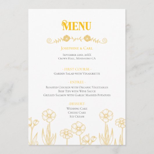 Geel en Wit Bloemstuk voor een Bruiloft Menu (Voorkant)