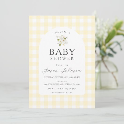 Geel en wit Buffalo Check Plaid Baby shower Kaart (Staand voorkant)