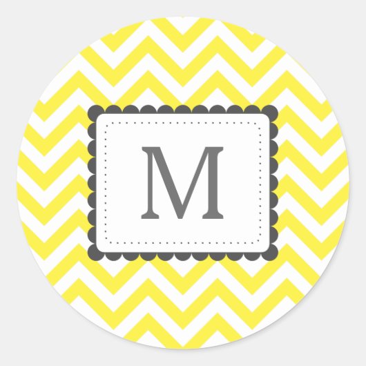 Geel en wit Chevron - aangepast monogram Ronde Sticker (Voorkant)