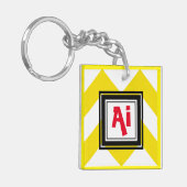 Geel en wit Chevron Custom Red Monogram Sleutelhanger (Voorkant Links)