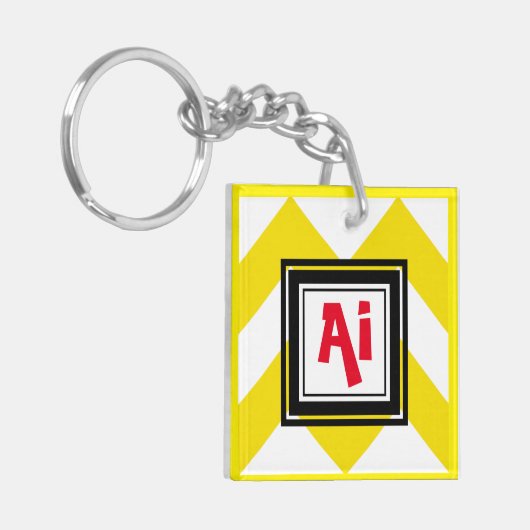 Geel en wit Chevron Custom Red Monogram Sleutelhanger (Voorkant Links)