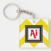 Geel en wit Chevron Custom Red Monogram Sleutelhanger (Voorkant)