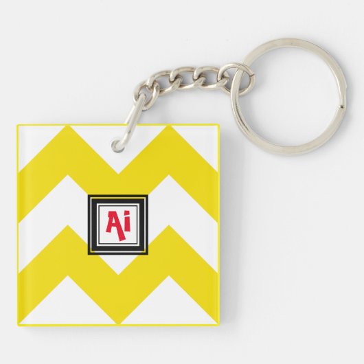 Geel en wit Chevron Custom Red Monogram Sleutelhanger (Achterkant)