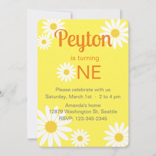 Geel en Wit Daisy Eerste Verjaardag Uitnodiging (Voorkant)