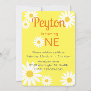 Geel en Wit Daisy Eerste Verjaardag Uitnodiging