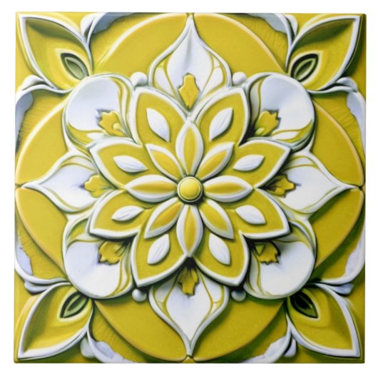 Geel en wit Faux Relief Bloemen Tegeltje (Voorkant)