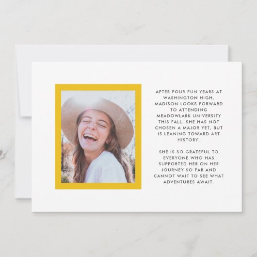 Geel en Wit Gefeliciteerd Afstudeerder Foto Afstud Aankondiging (Achterkant)