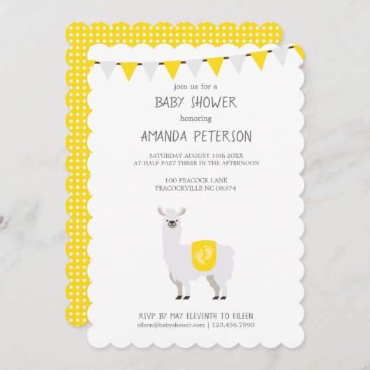 Geel en wit Geslacht Neutral Llama Baby shower Kaart (Voorkant / Achterkant)