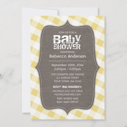 Geel en wit Gingham Canvas Baby shower Kaart (Voorkant)