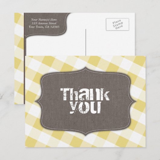 Geel en wit Gingham Canvas Bedankt Briefkaarten (Voorkant / Achterkant)
