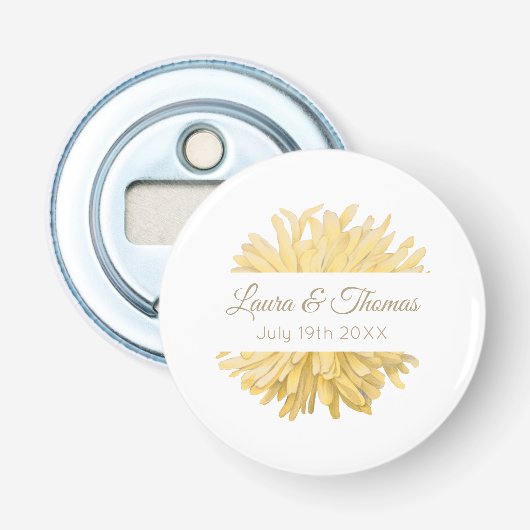 Geel en wit huwelijk button flesopener (Voorkant)