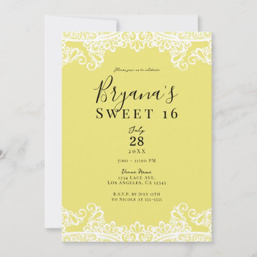 Geel en wit kant Elegant Sweet 16 Party Kaart (Voorkant)