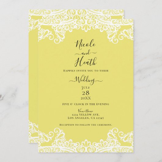 Geel en wit kant Elegant Wedding Kaart (Voorkant / Achterkant)