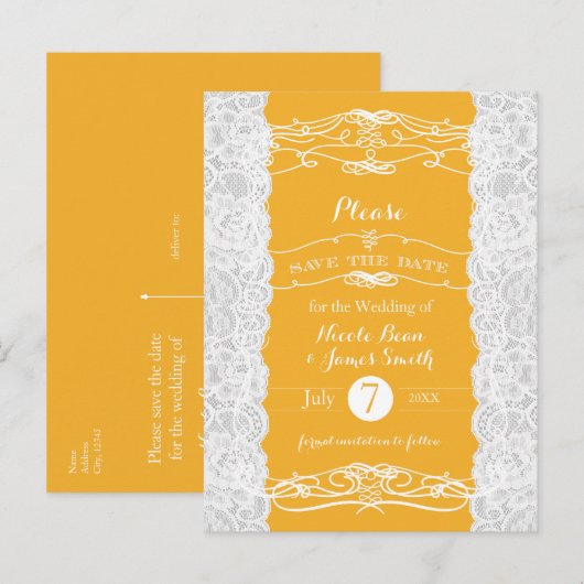 Geel en wit Lace Elegant Wedding Save the Date Aankondigingskaart (Voorkant / Achterkant)