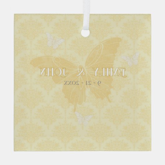 Geel en wit land vlinders bruiloft glas ornament (Achterkant)