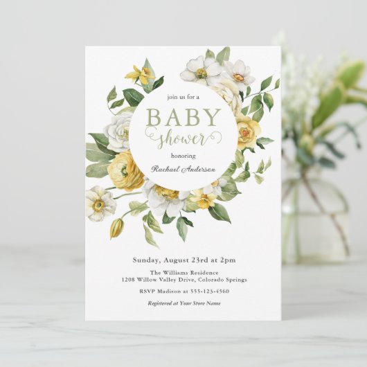 Geel en wit lente bloemig Baby shower Kaart (Staand voorkant)