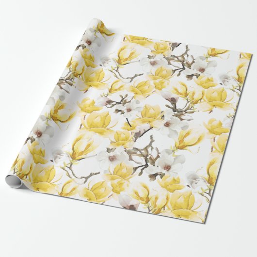 Geel en wit Magnolia Blossom Waterverf Patroon Cadeaupapier (Uitgerold)