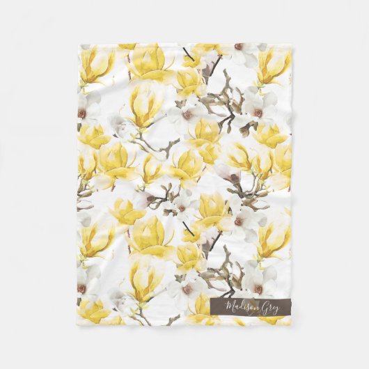 Geel en wit Magnolia Blossom Waterverf Patroon Fleece Deken (Voorkant)