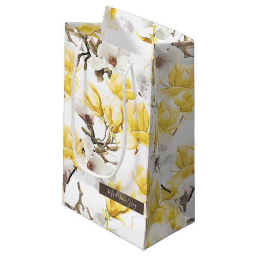 Geel en wit Magnolia Blossom Waterverf Patroon Klein Cadeauzakje (Voorkant Gekanteld)