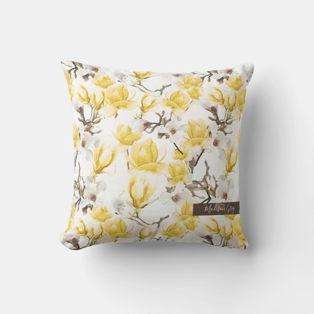 Geel en wit Magnolia Blossom Waterverf Patroon Kussen (Voorkant)