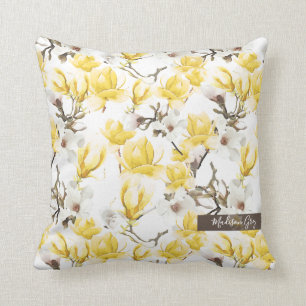 Geel en wit Magnolia Blossom Waterverf Patroon Kussen