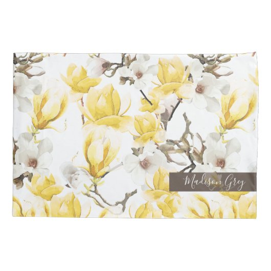 Geel en wit Magnolia Blossom Waterverf Patroon Kussensloop (Achterkant)