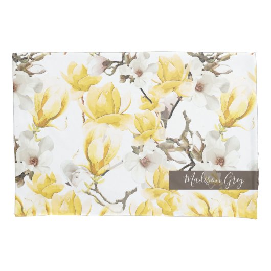 Geel en wit Magnolia Blossom Waterverf Patroon Kussensloop (Voorkant)
