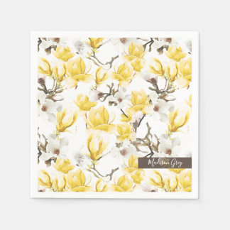 Geel en wit Magnolia Blossom Waterverf Patroon Servet