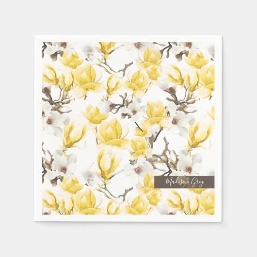 Geel en wit Magnolia Blossom Waterverf Patroon Servet (Voorkant)