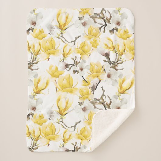Geel en wit Magnolia Blossom Waterverf Patroon Sherpa Deken (Voorkant)