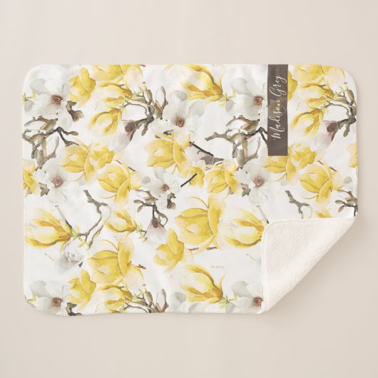 Geel en wit Magnolia Blossom Waterverf Patroon Sherpa Deken (Voorkant (horizontaal))