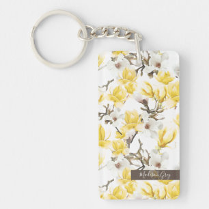 Geel en wit Magnolia Blossom Waterverf Patroon Sleutelhanger