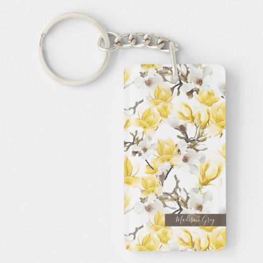 Geel en wit Magnolia Blossom Waterverf Patroon Sleutelhanger (Voorkant)
