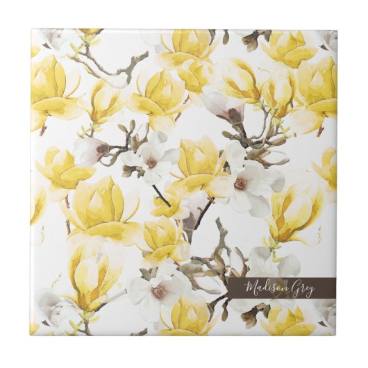 Geel en wit Magnolia Blossom Waterverf Patroon Tegeltje (Voorkant)