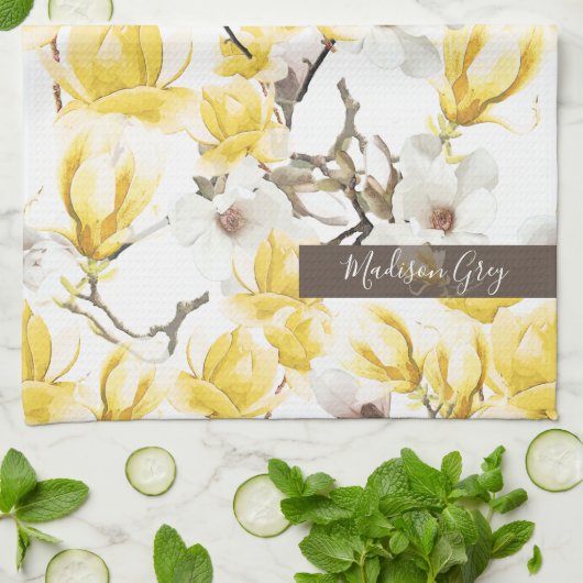 Geel en wit Magnolia Blossom Waterverf Patroon Theedoek (Gevouwen)