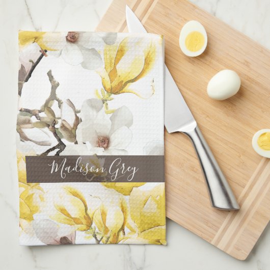 Geel en wit Magnolia Blossom Waterverf Patroon Theedoek (Quarter Fold)
